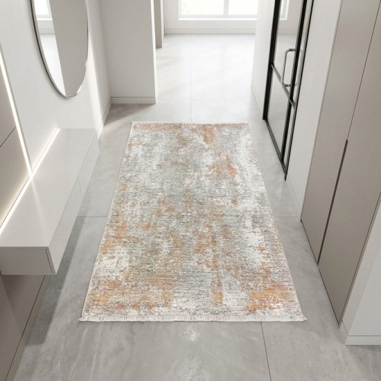 Preview: Moderner Teppich Kupfer Grau Creme mit abstrakter Struktur und Fransen
