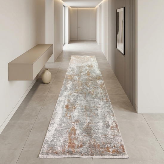 Preview: Moderner Teppich Kupfer Grau Creme mit abstrakter Struktur und Fransen