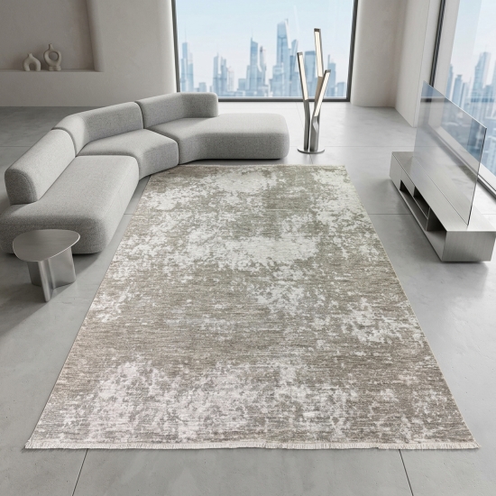 Preview: Moderner Teppich Beige Creme mit abstrakter Flächenstruktur und Fransen