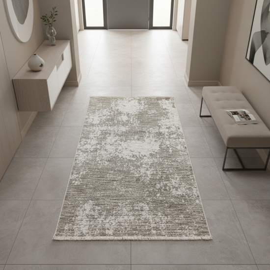 Preview: Moderner Teppich Beige Creme mit abstrakter Flächenstruktur und Fransen