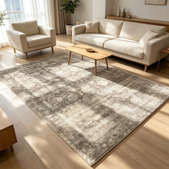 Designteppich Beige Vintage-Ornamentik grafische Rahmenstruktur