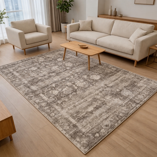 Designteppich Beige Vintage-Ornamentik grafische Rahmenstruktur