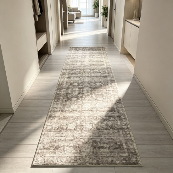 Preview: Designteppich Beige Vintage-Ornamentik grafische Rahmenstruktur