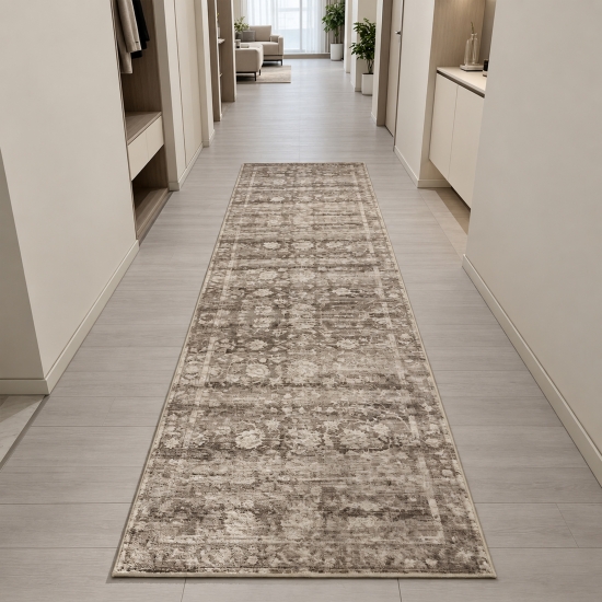 Preview: Designteppich Beige Vintage-Ornamentik grafische Rahmenstruktur