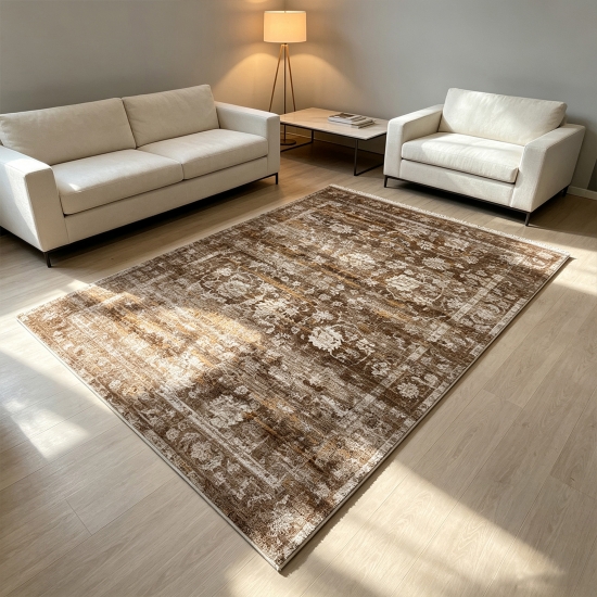 Brauner Designteppich mit floralem Vintage-Muster und Druckoptik