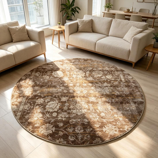 Preview: Brauner Designteppich mit floralem Vintage-Muster und Druckoptik
