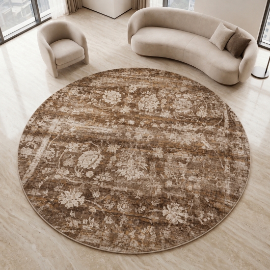Preview: Brauner Designteppich mit floralem Vintage-Muster und Druckoptik