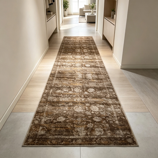 Preview: Brauner Designteppich mit floralem Vintage-Muster und Druckoptik