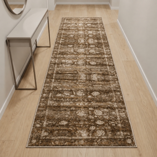 Preview: Brauner Designteppich mit floralem Vintage-Muster und Druckoptik