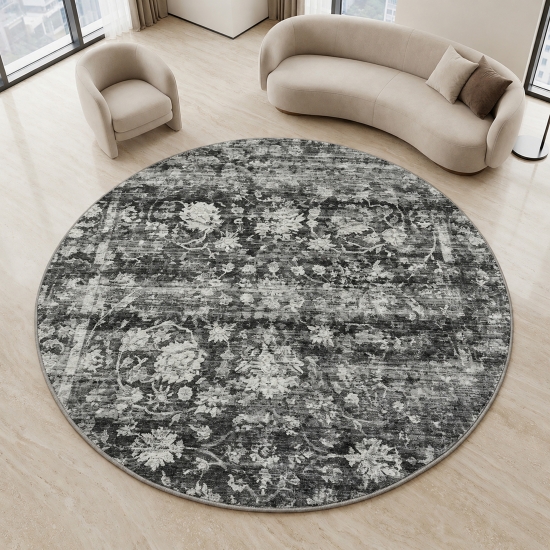 Preview: Grauer Designteppich mit floraler Struktur und Vintage-Optik