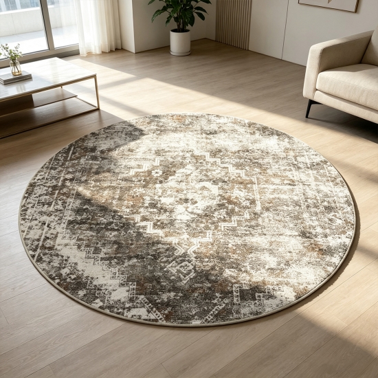 Preview: Beiger Designteppich mit Medaillon und strukturierter Vintage-Optik