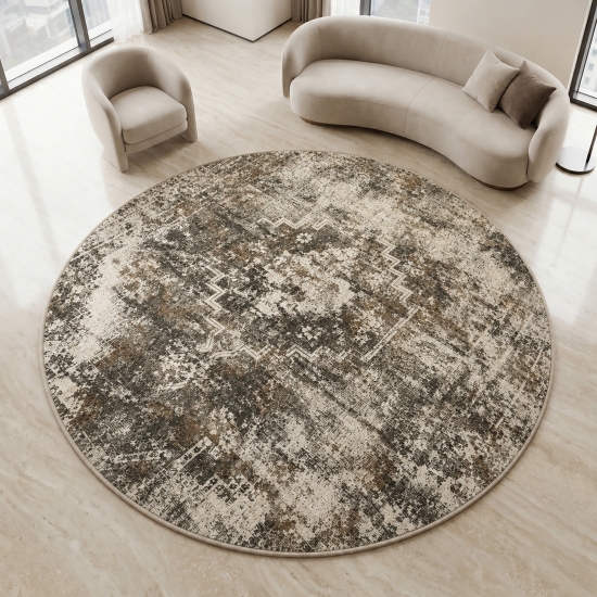 Preview: Beiger Designteppich mit Medaillon und strukturierter Vintage-Optik
