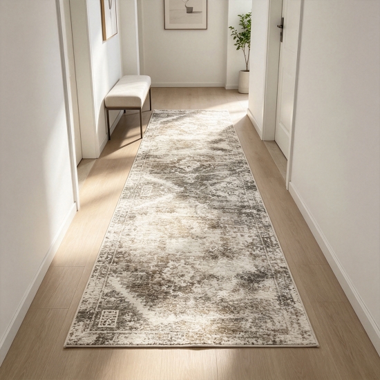 Preview: Beiger Designteppich mit Medaillon und strukturierter Vintage-Optik