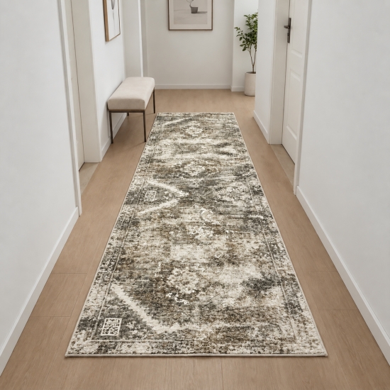 Preview: Beiger Designteppich mit Medaillon und strukturierter Vintage-Optik