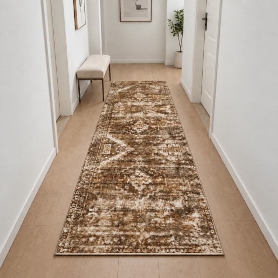 Preview: Teppich Braun Ornament-Design Polyester mit Flanelloberfläche