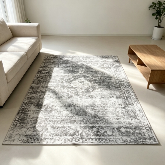 Grauer Designteppich mit Medaillon und grafischer Vintage-Struktur