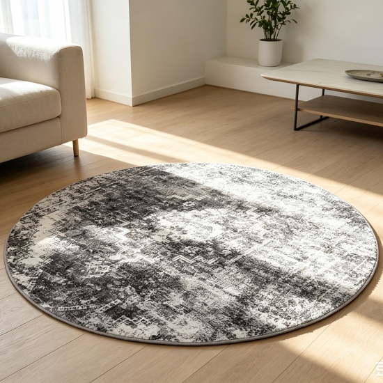 Preview: Grauer Designteppich mit Medaillon und grafischer Vintage-Struktur