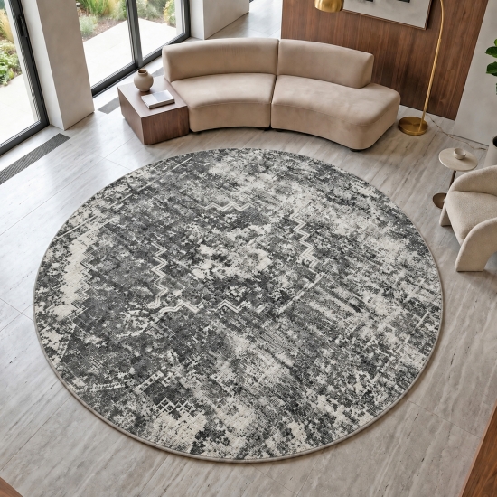 Preview: Grauer Designteppich mit Medaillon und grafischer Vintage-Struktur