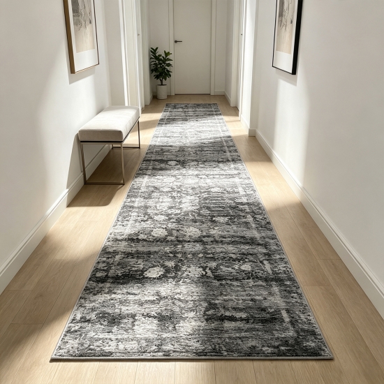 Preview: Grauer Designteppich mit Medaillon und grafischer Vintage-Struktur