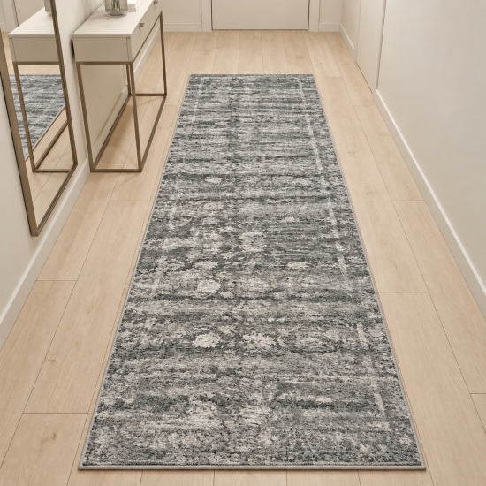Preview: Grauer Designteppich mit Medaillon und grafischer Vintage-Struktur