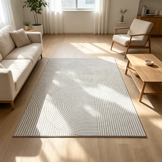Designteppich Grau abstrakte Bögen präzise geometrische Linienoptik