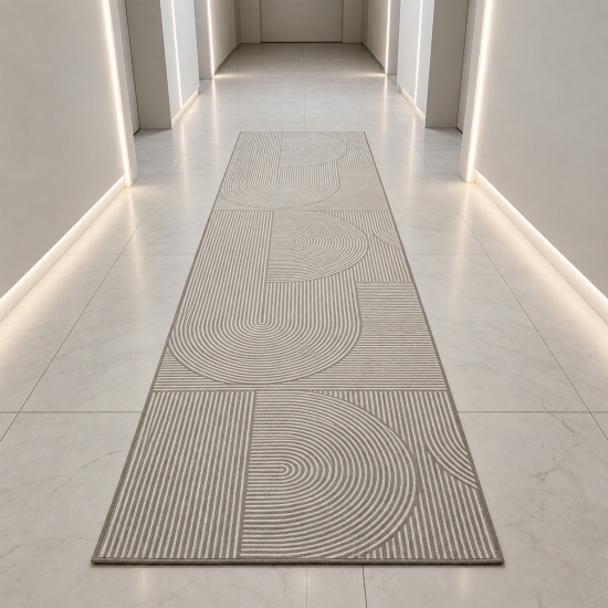 Preview: Designteppich Grau abstrakte Bögen präzise geometrische Linienoptik