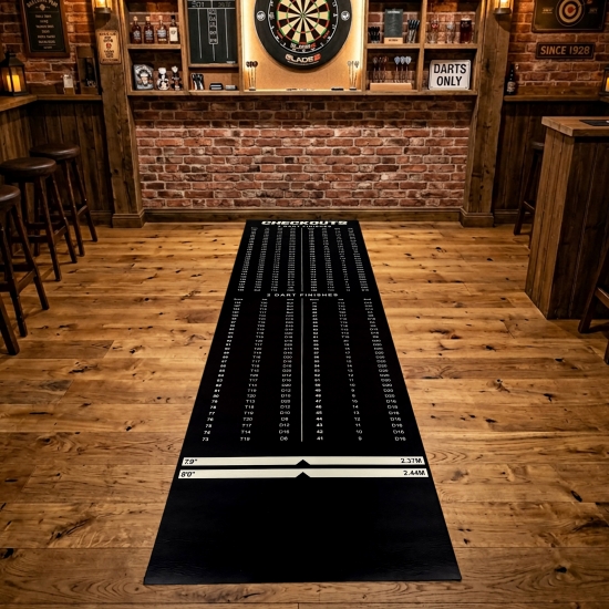 Schwarze Dartmatte mit weiß grauen Abwurflinien