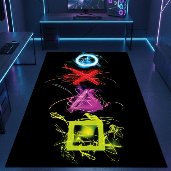 Gaming-Teppich mit lebendigen Neon-Farben und ikonischen Symbolen