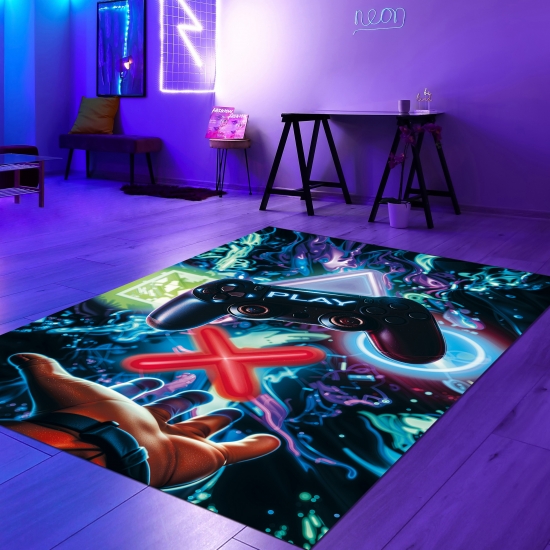 Auffälliger Gaming-Teppich mit lebendig-bunten neon-farbigen Symbolen und schwebendem Controller