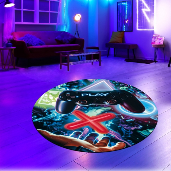 Preview: Auffälliger Gaming-Teppich mit lebendig-bunten neon-farbigen Symbolen und schwebendem Controller Preview: Auffälliger Gaming-Teppich mit lebendig-bunten neon-farbigen Symbolen und schwebendem Controller