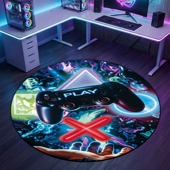 Preview: Auffälliger Gaming-Teppich mit lebendig-bunten neon-farbigen Symbolen und schwebendem Controller