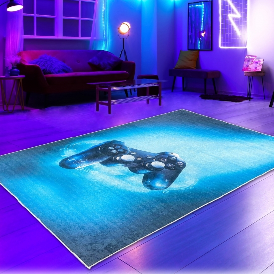 Fesselnder Gaming-Teppich mit lebendigen Neon-Farben und ikonischen Symbolen auf schwarzem Hintergrund