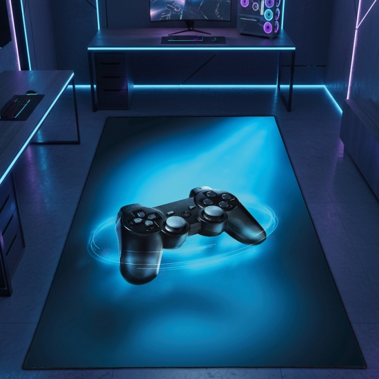 Fesselnder Gaming-Teppich mit lebendigen Neon-Farben und ikonischen Symbolen auf schwarzem Hintergrund