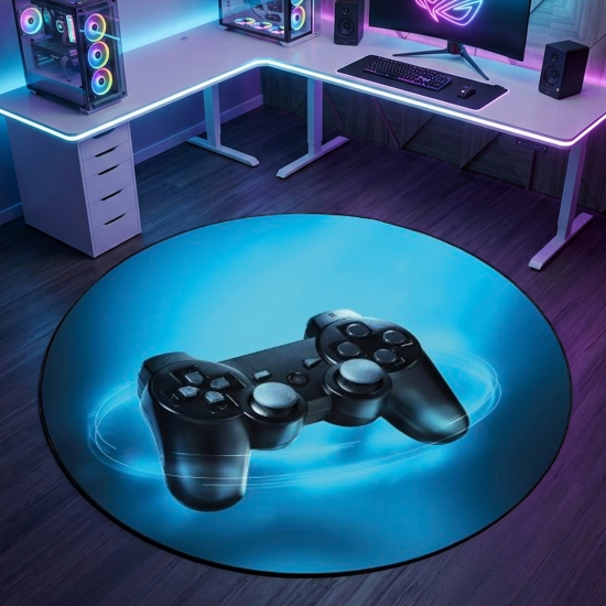 Preview: Fesselnder Gaming-Teppich mit lebendigen Neon-Farben und ikonischen Symbolen auf schwarzem Hintergrund