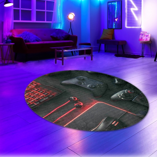 Epischer bedruckter Gaming-Teppich mit Konsole und Joysticks in elegantem Schwarz und leuchtendem Rot