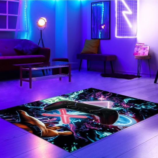Auffälliger Gaming-Teppich mit lebendig-bunten neon-farbigen Symbolen und schwebendem Controller