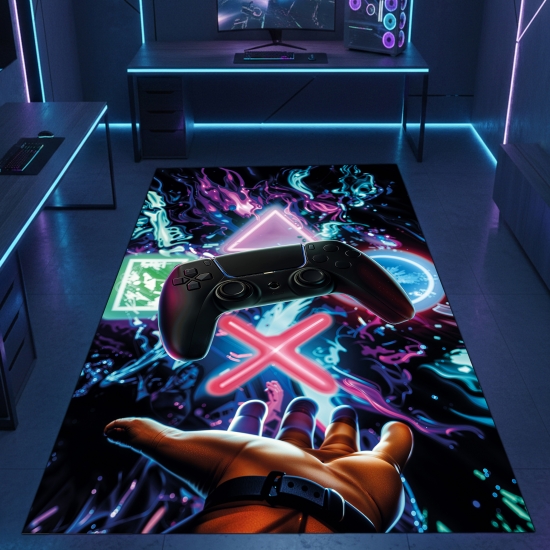 Auffälliger Gaming-Teppich mit lebendig-bunten neon-farbigen Symbolen und schwebendem Controller