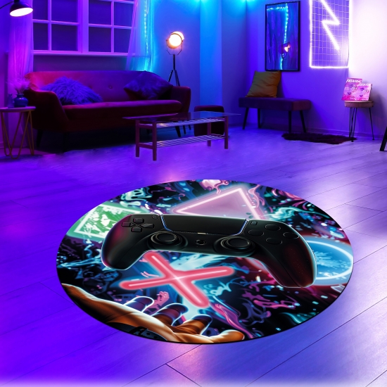 Preview: Auffälliger Gaming-Teppich mit lebendig-bunten neon-farbigen Symbolen und schwebendem Controller Preview: Auffälliger Gaming-Teppich mit lebendig-bunten neon-farbigen Symbolen und schwebendem Controller