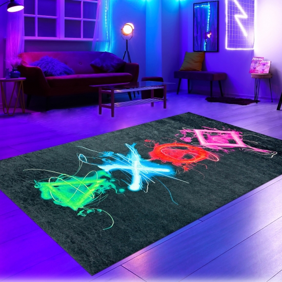 Gaming-Teppich mit lebendigen Neon-Farben und ikonischen Symbolen