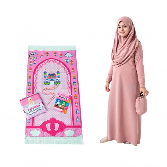Rosa Kinder Gebetsset 5-teilig mit Motivteppich Kleid und Gebetskette