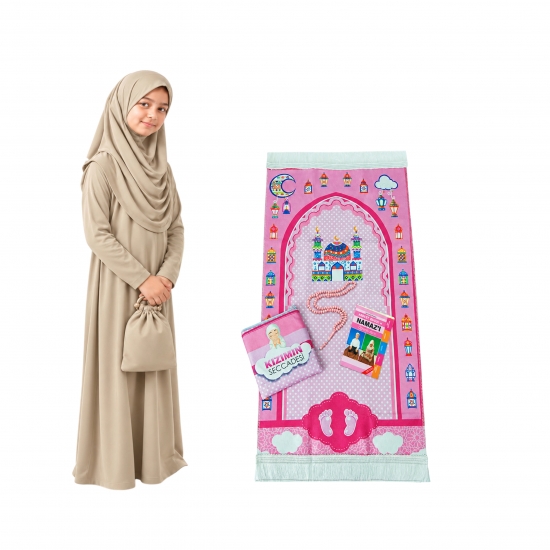 Kinder Gebetsset Rosa Beige 5-teilig mit Motivteppich Kleid und Gebetskette