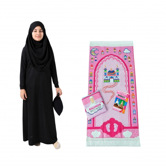 Kinder Gebetsset Rosa Schwarz 5-teilig mit Motivteppich Kleid und Gebetskette