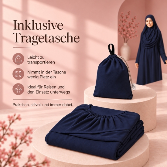 Preview: Dunkelblaue Gebetsbekleidung mit fließender Form und Tragebeutel