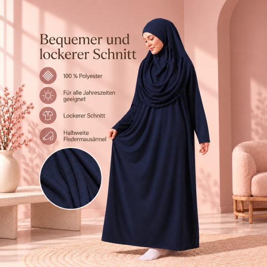 Preview: Dunkelblaue Gebetsbekleidung mit fließender Form und Tragebeutel