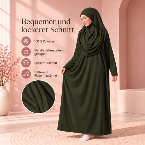 Preview: Dunkelgrüne Gebetsbekleidung mit Fledermausärmeln und Beutel