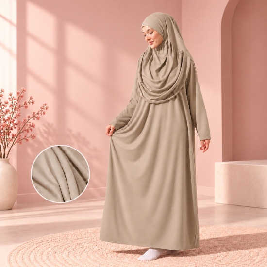 Beige Gebetsbekleidung mit Fledermausärmeln und passendem Stoffbeutel
