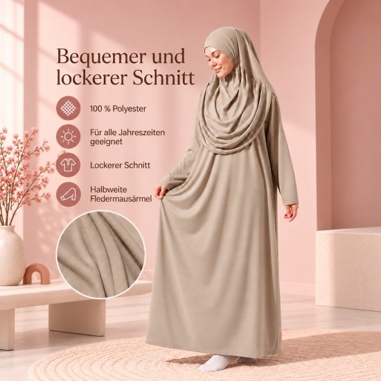 Preview: Beige Gebetsbekleidung mit Fledermausärmeln und passendem Stoffbeutel