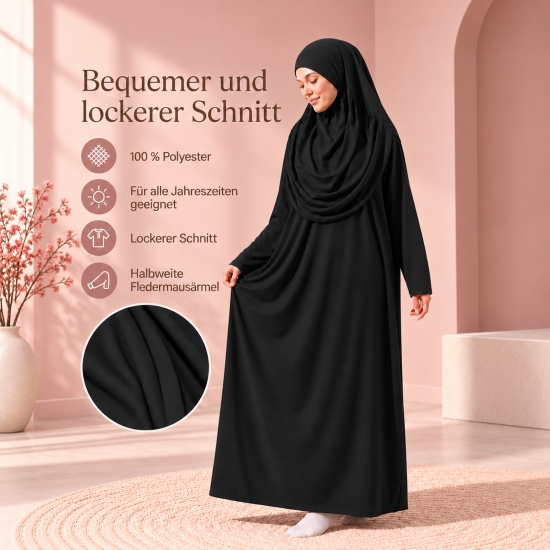 Preview: Schwarze Gebetsbekleidung für Damen mit weiten Ärmeln und Tasche