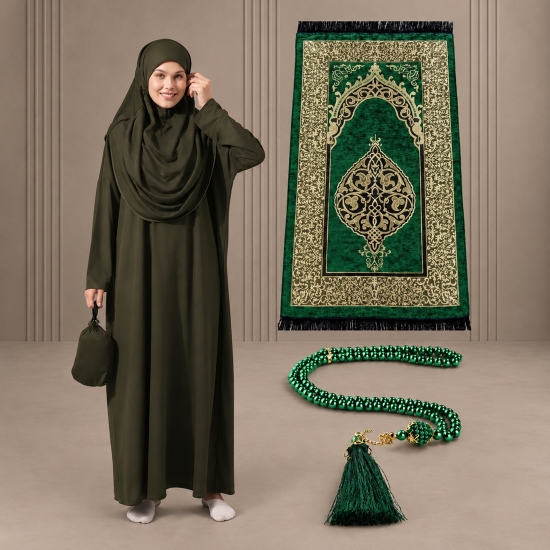 Dunkelgrünes Gebetsset mit Kleid Gebetsteppich und Zählkette