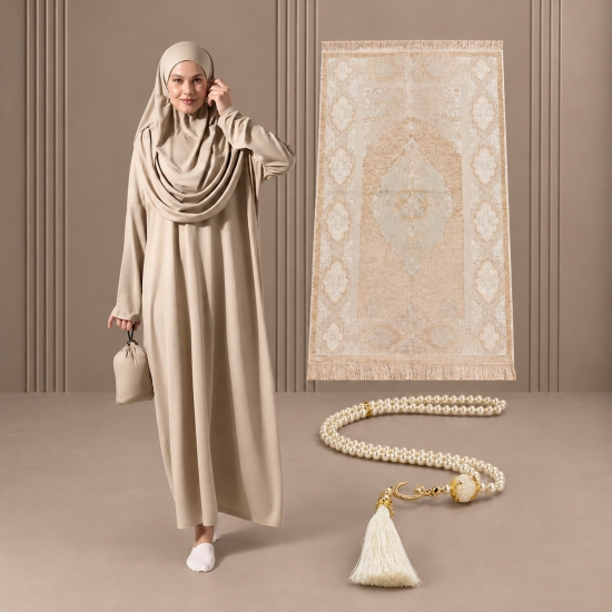 Damen Gebetsset Beige mit langem Kleid und ornamentiertem Gebetsteppich